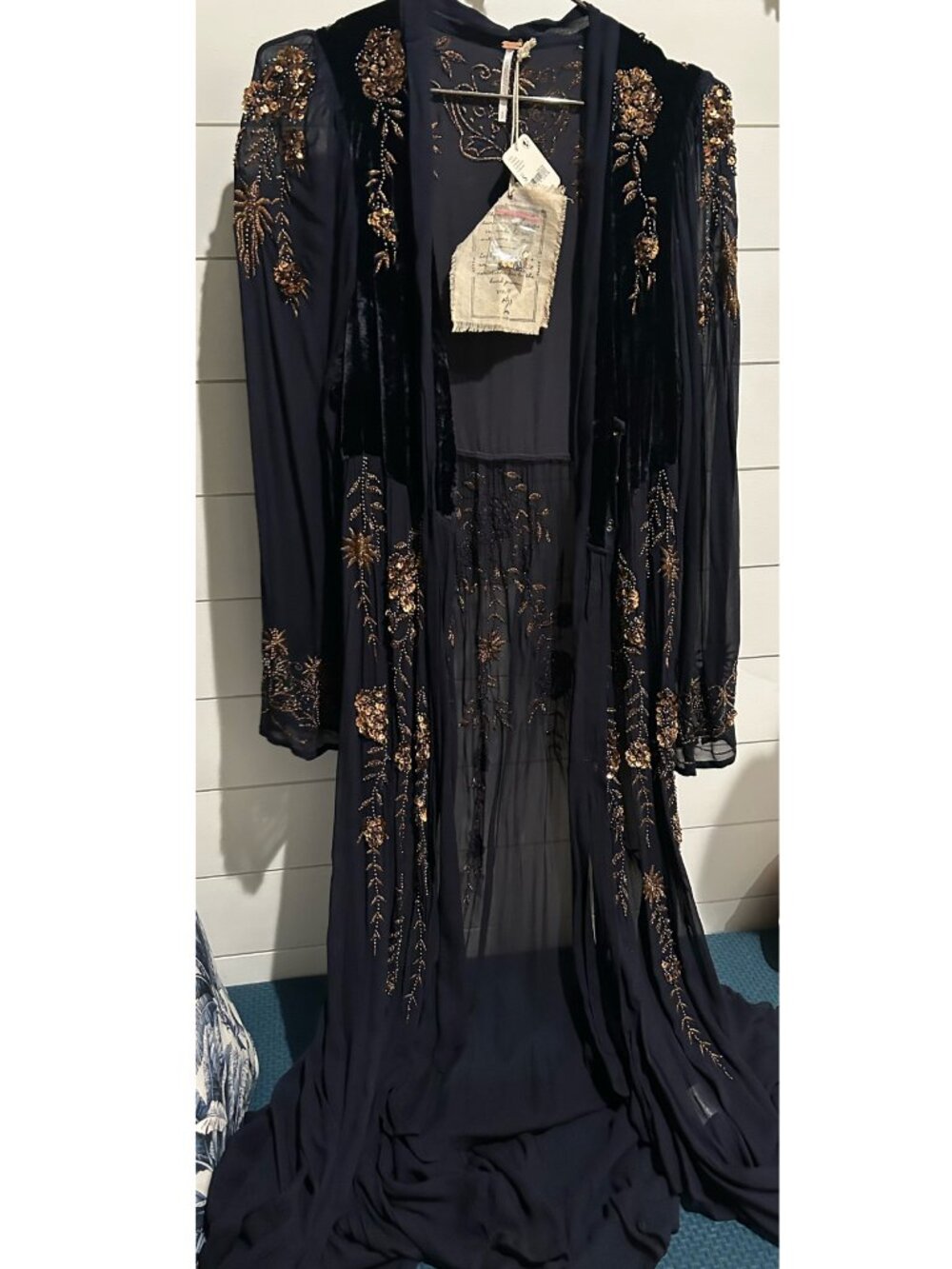 Free People Navy Beaded Sheer Maxi Kimono Duster NWT $800 Retail - Picture 3 of 6
